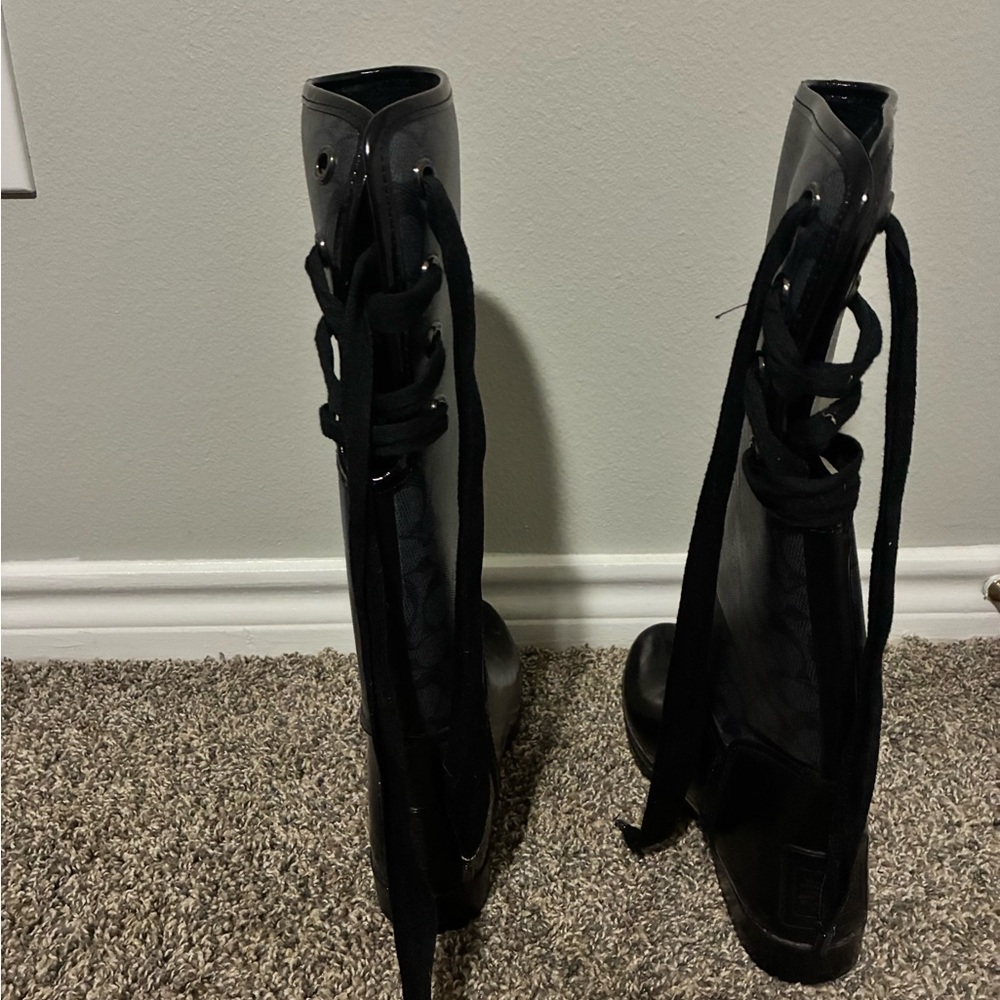 Coach Black Lace-Up Knee-High Boots with Signature Panel